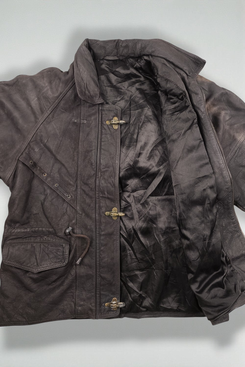 Giacca da pompiere vintage in vera pelle con cappuccio, marrone scuro | Capispalla utility anni '90