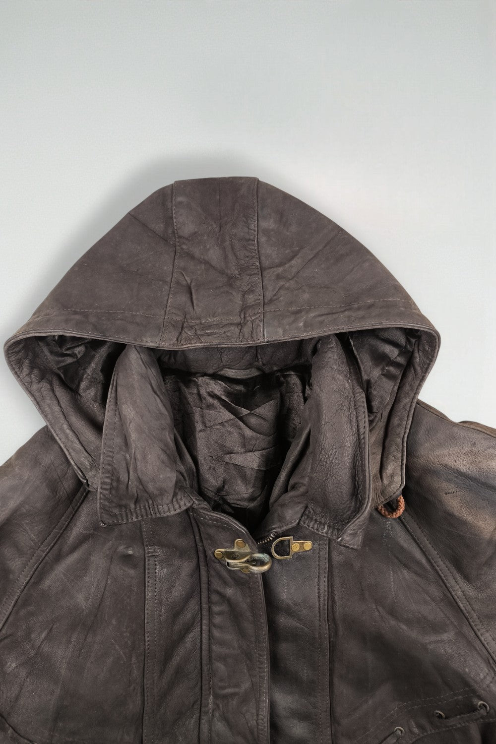 Giacca da pompiere vintage in vera pelle con cappuccio, marrone scuro | Capispalla utility anni '90