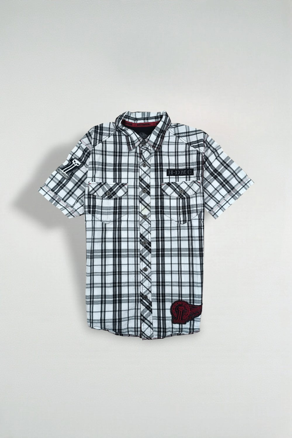 Camicia a maniche corte vintage Harley-Davidson a quadri, nera e bianca | Abbigliamento da lavoro per motociclisti Y2K
