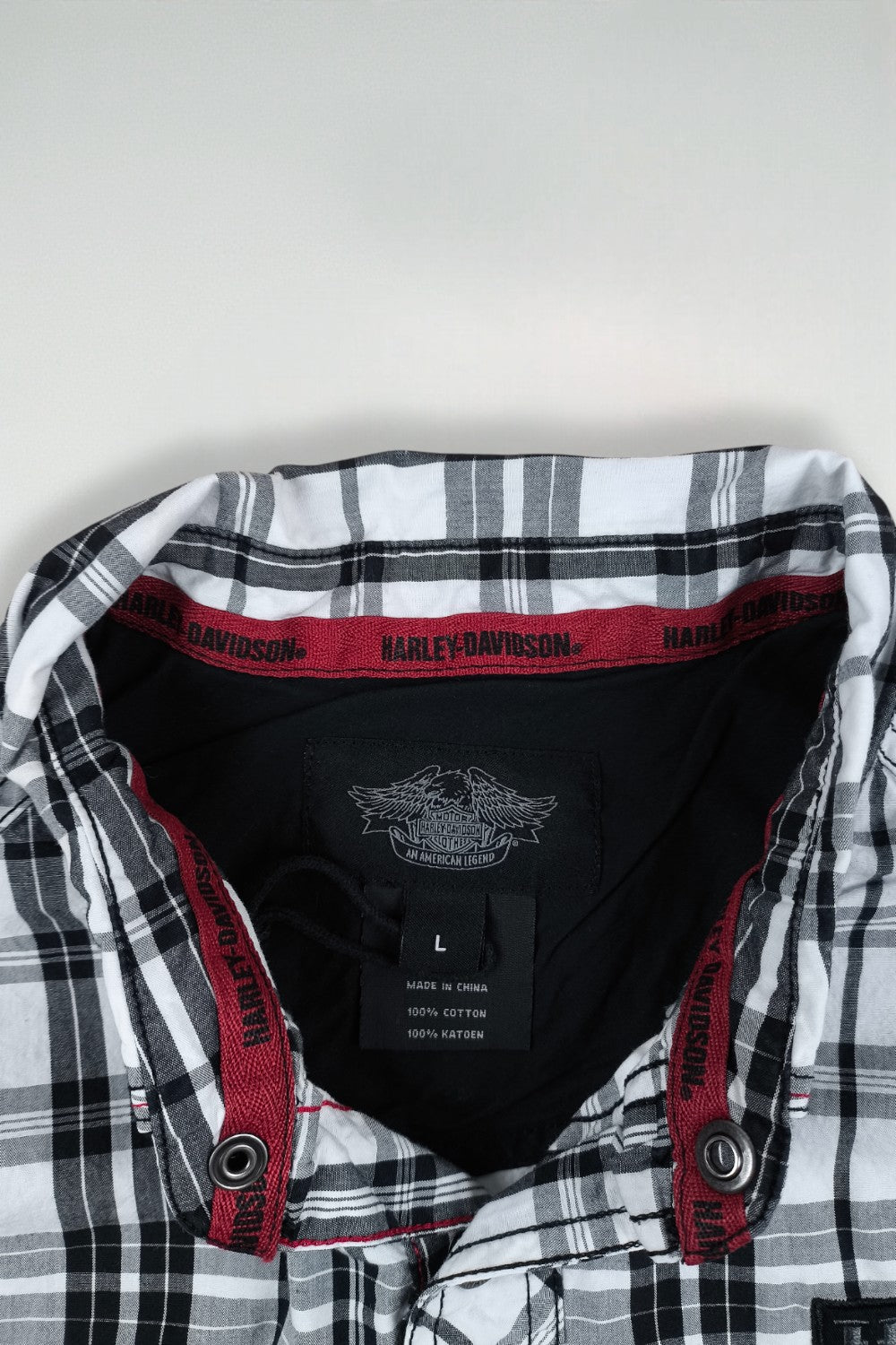 Camicia a maniche corte vintage Harley-Davidson a quadri, nera e bianca | Abbigliamento da lavoro per motociclisti Y2K