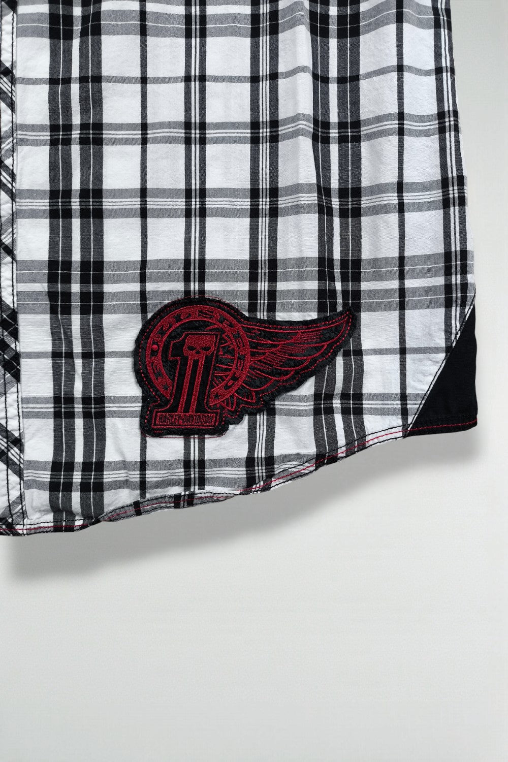 Camicia a maniche corte vintage Harley-Davidson a quadri, nera e bianca | Abbigliamento da lavoro per motociclisti Y2K