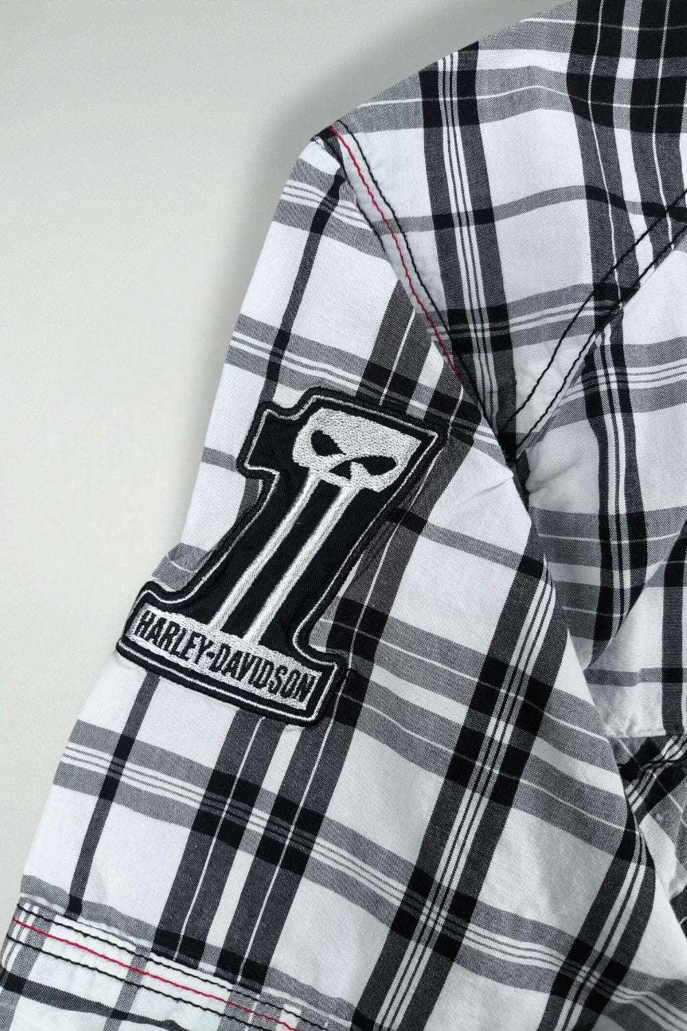 Camicia a maniche corte vintage Harley-Davidson a quadri, nera e bianca | Abbigliamento da lavoro per motociclisti Y2K