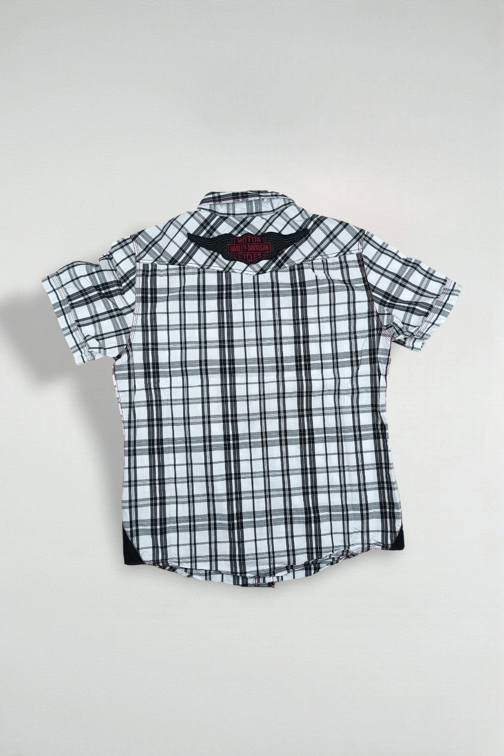 Camicia a maniche corte vintage Harley-Davidson a quadri, nera e bianca | Abbigliamento da lavoro per motociclisti Y2K