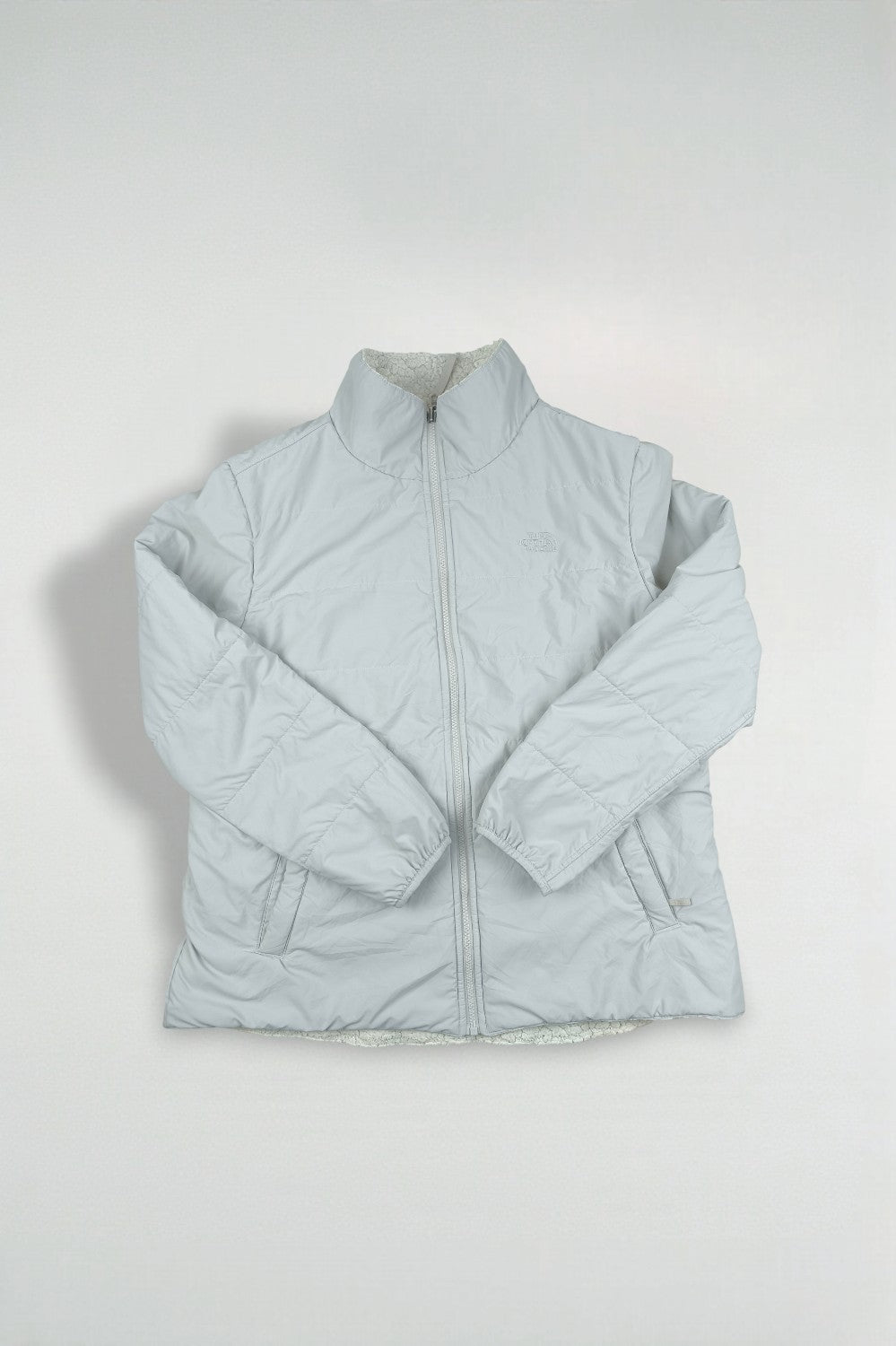 Giacca imbottita reversibile in sherpa The North Face vintage, grigio chiaro | Capispalla per esterni anni 2000