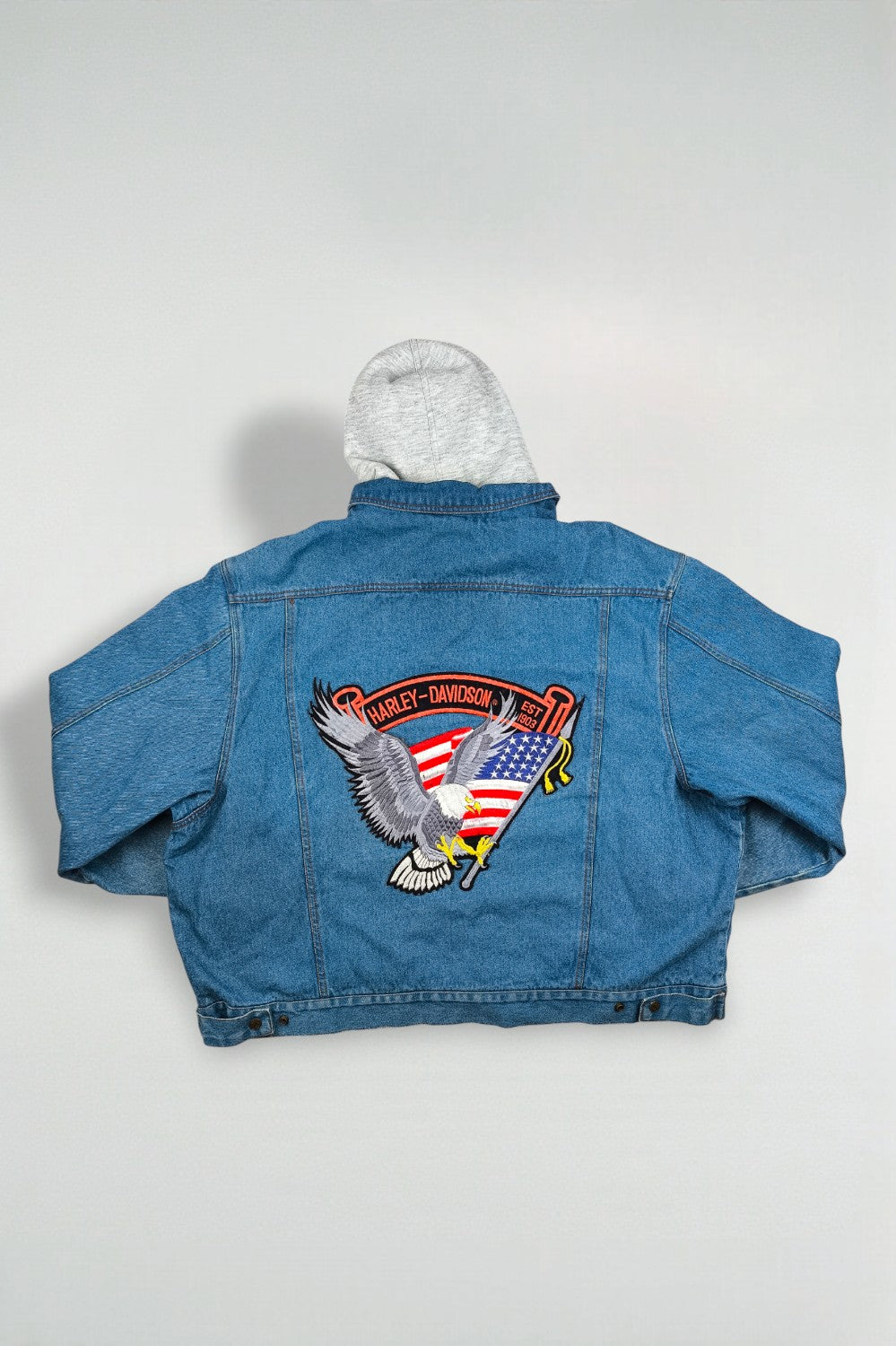 Giacca in denim vintage Harley-Davidson Eagle Flag blu | Giubbotto da lavoro con cappuccio anni '90
