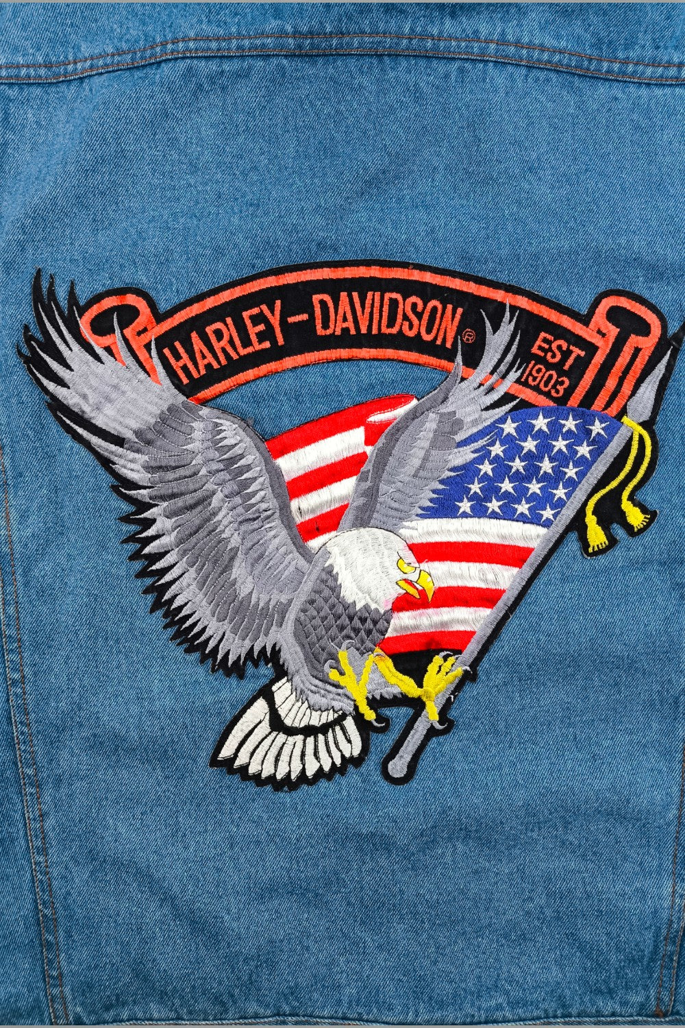 Giacca in denim vintage Harley-Davidson Eagle Flag blu | Giubbotto da lavoro con cappuccio anni '90