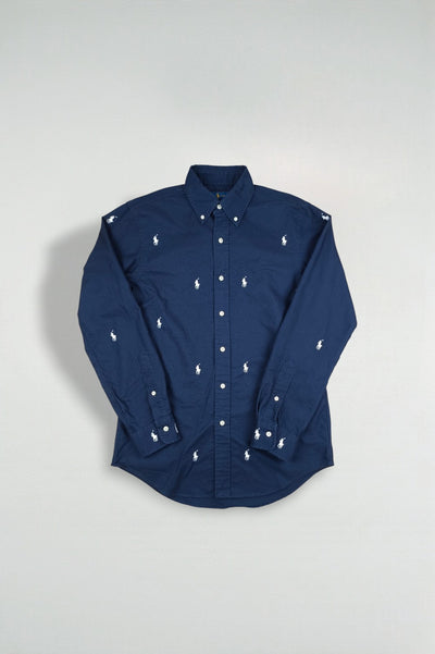 Second-hand Polo Ralph Lauren All-Over Pony Logo Oxford Shirt Navy Blue | Classic Fit Casual Shirt