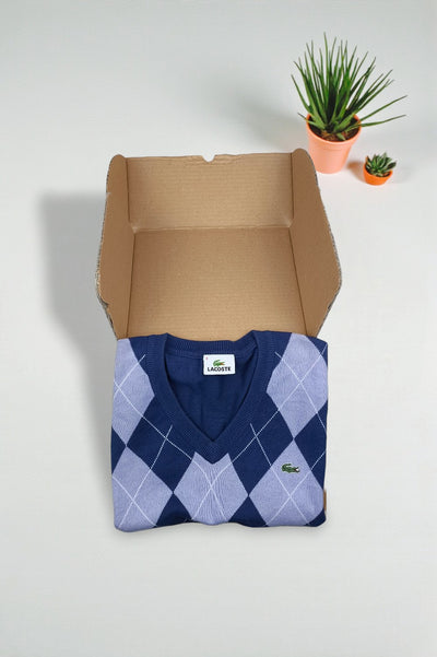 Maglione vintage Lacoste Argyle in maglia blu e lilla | Maglieria classica anni 2000