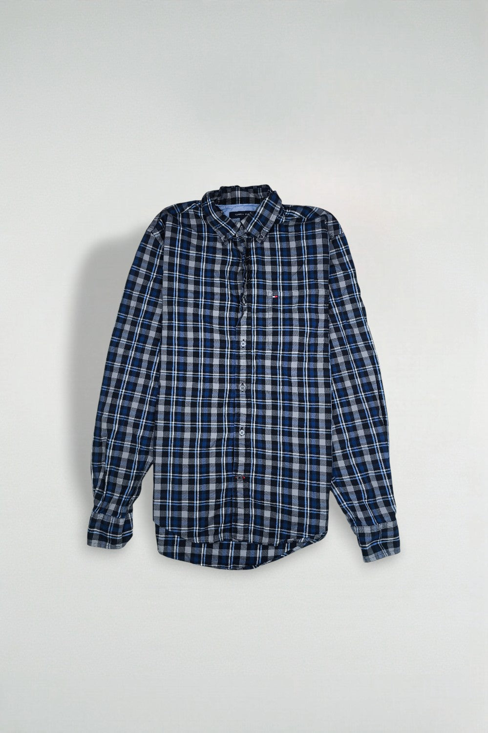 Vintage Tommy Hilfiger Plaid Shirt Blue Grey Button Down M