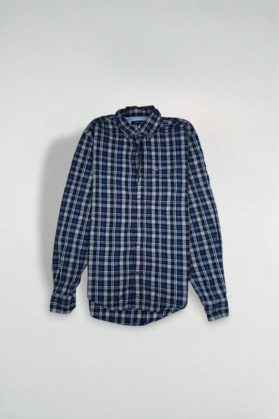 Vintage Tommy Hilfiger Plaid Shirt Blue Grey Button Down M