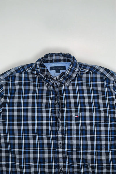 Vintage Tommy Hilfiger Plaid Shirt Blue Grey Button Down M