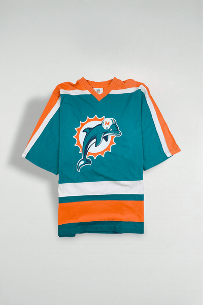 Maglietta vintage con grafica dei Miami Dolphins della NFL, verde acqua e arancione | Abbigliamento per tifosi anni 2000